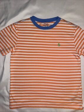 Boys Polo by Ralph Lauren Orange & White Striped Tee with Blue Neck